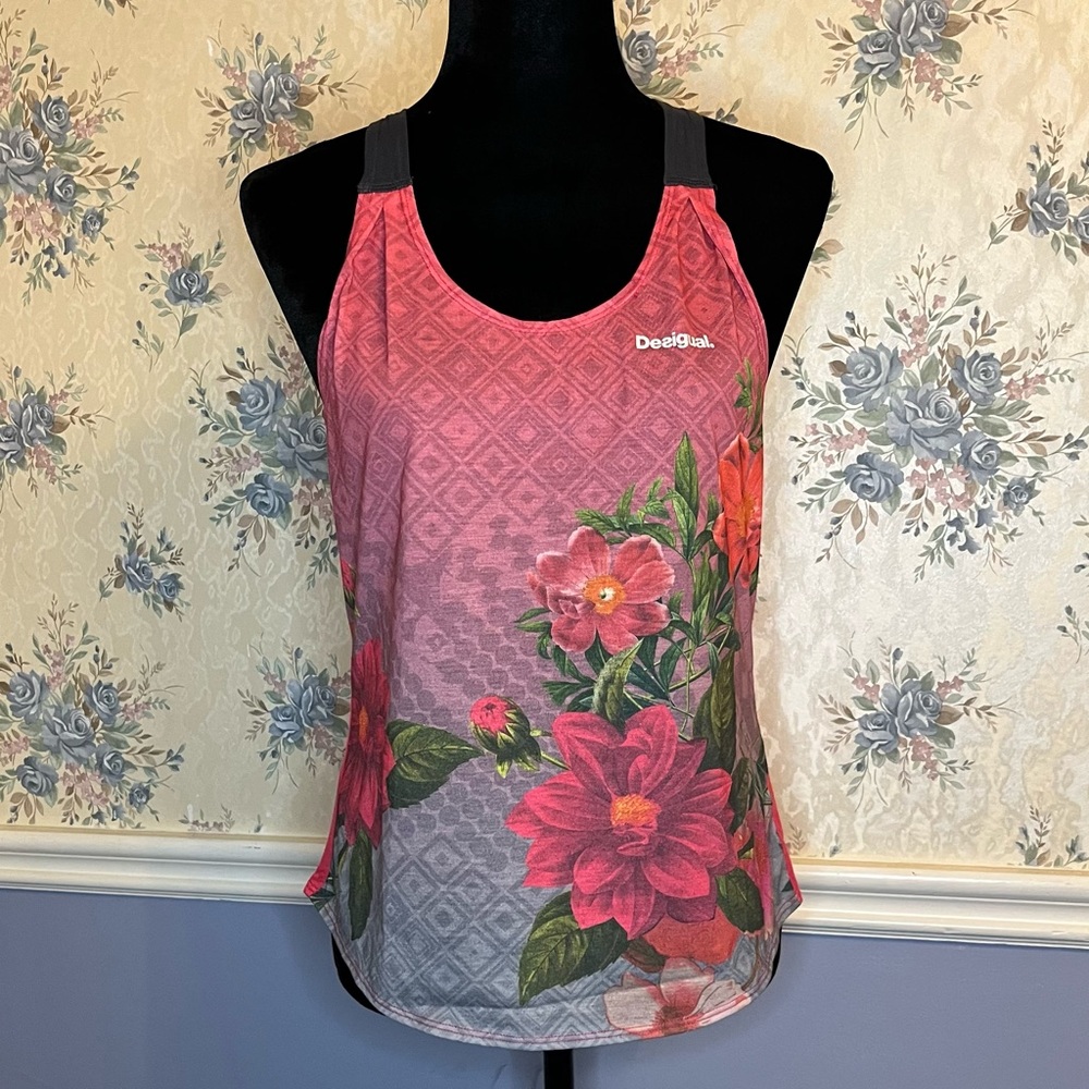 Desigual Sporty Pink Floral Racer Back Tank Top, Size S